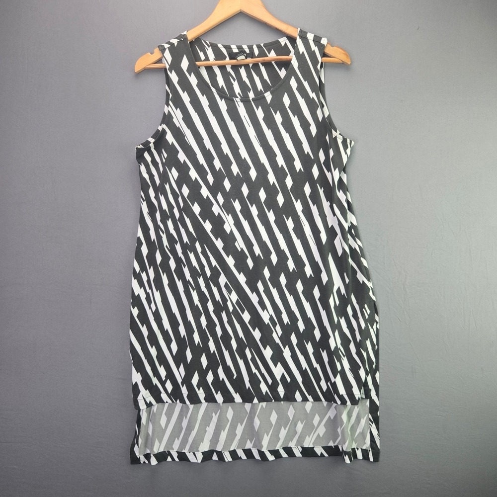 Alfani Tunic Top Sleeveless High Low Geometric Print Medium Black White Stretch